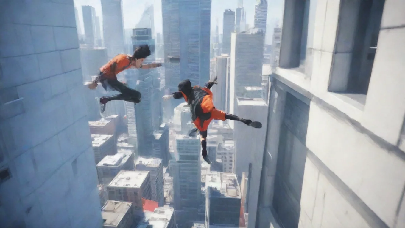 aiartstation art video game man doing parkour jumping over buildings mirrors edge confident engaging wow 3 widescreen