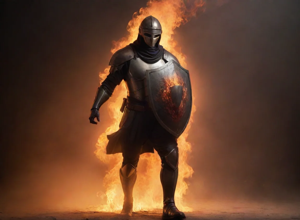 aiartstation art walking through fire with shield on fire stylized artistic warrior tech model masculine gradient haze interesting confident engaging wow 3 landscape43