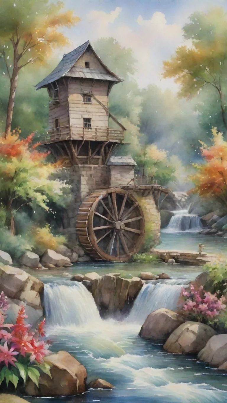 aiartstation art watercolor hd detail water windmilll watermill flowers river waterfall peaceful confident engaging wow 3 tall