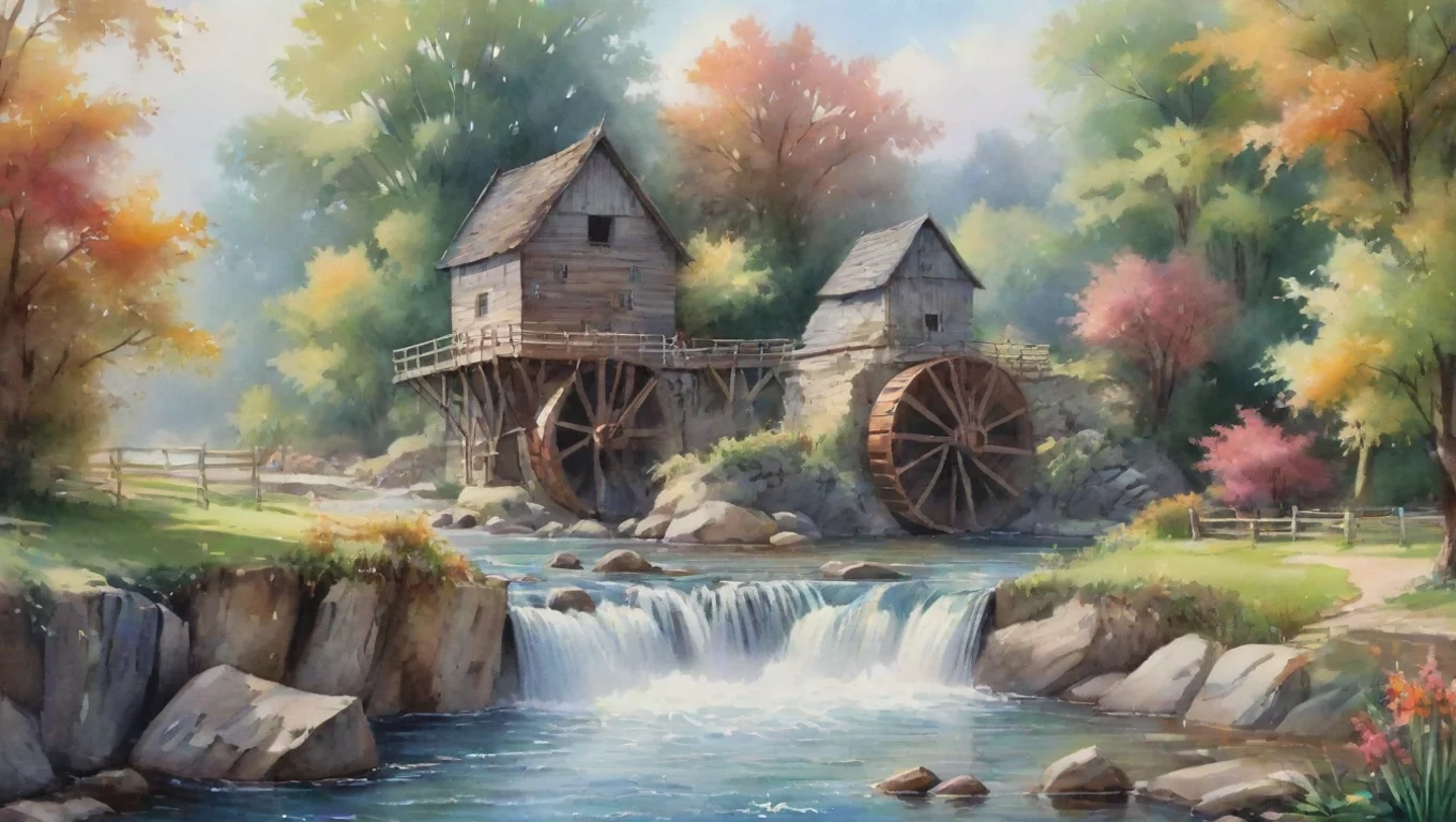 artstation art watercolor hd detail water windmilll watermill flowers river waterfall peaceful confident engaging wow 3 widescreen