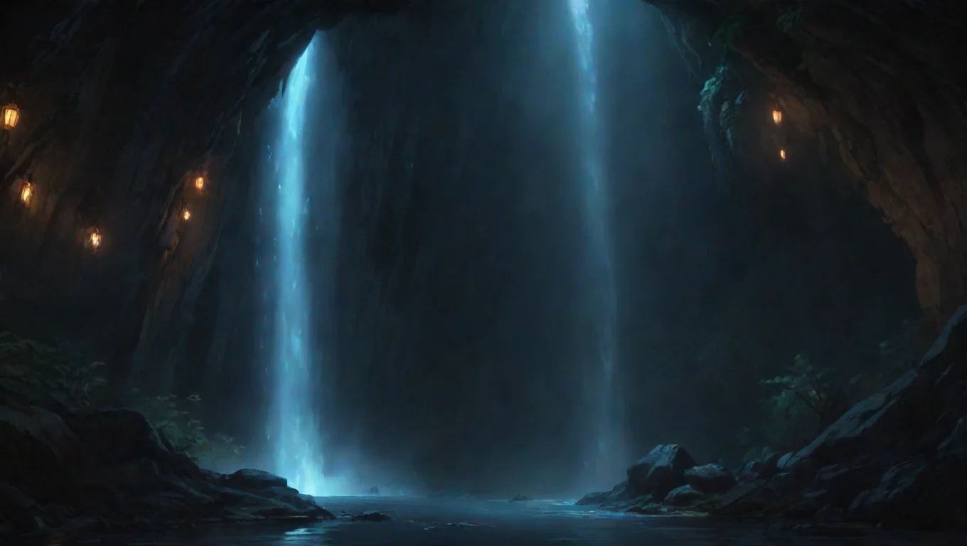 artstation art waterfall in torchlit cave hd ghibli anime aesthetic dark horror 1800 vibe environment lighting confident engaging wow 3 widescreen