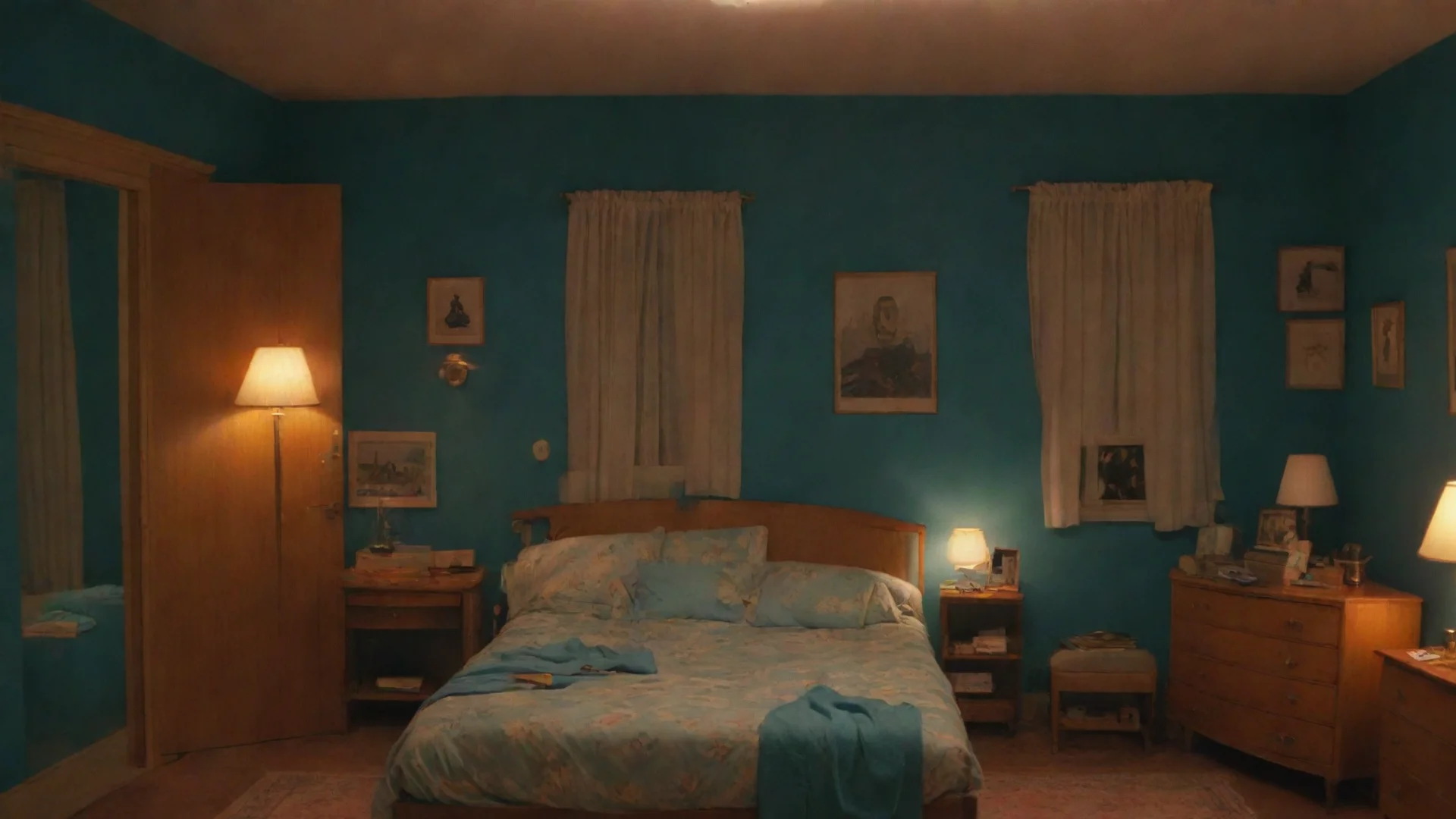 artstation art wes anderson bedroom night blu light confident engaging wow 3 wide