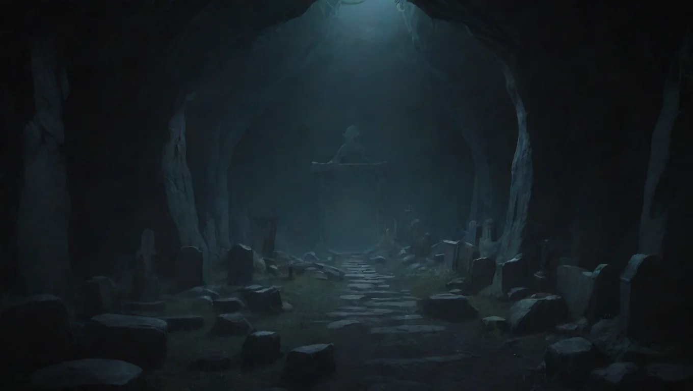 artstation art winding deep  graveyard in cave hd ghibli anime aesthetic dark horror 1800 vibe environment dark no lighting  confident engaging wow 3 widescreen