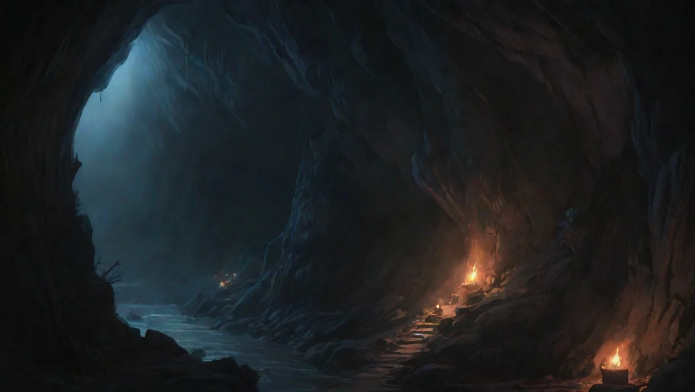 aiartstation art winding deep torchlit cave hd ghibli anime aesthetic dark horror 1800 vibe environment lit  confident engaging wow 3 widescreen