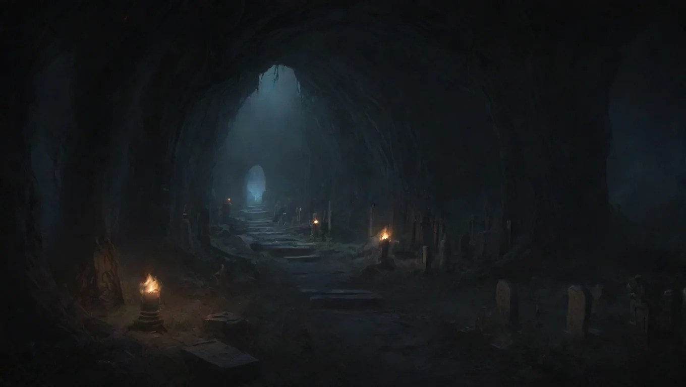 aiartstation art winding deep torchlit graveyard in cave hd ghibli anime aesthetic dark horror 1800 vibe environment lit  confident engaging wow 3 widescreen