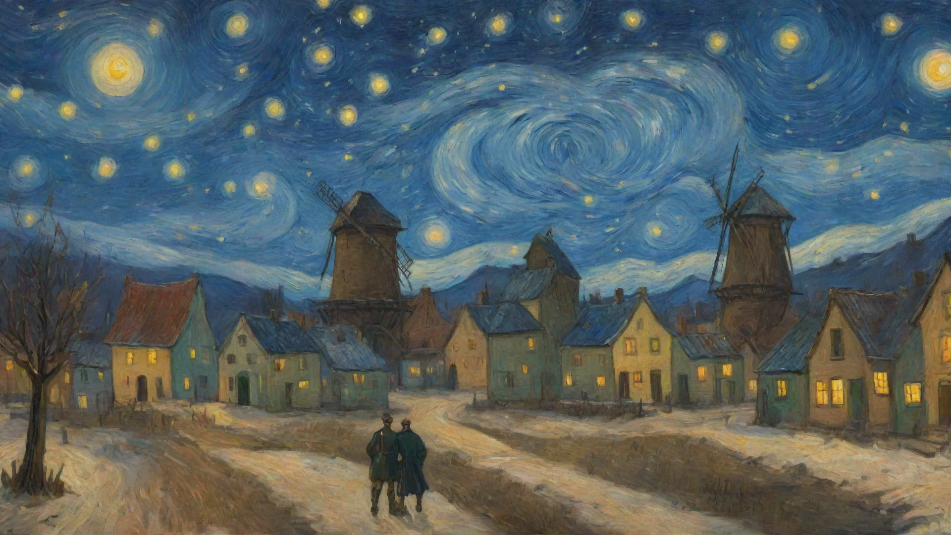 aiartstation art winter time snow van gogh epic town windmill starry night  confident engaging wow 3