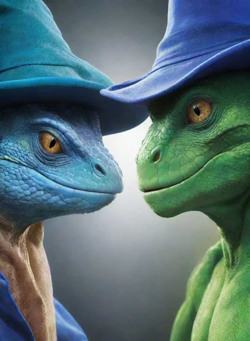 aiartstation art wizard man blue hat vs green lizard fight game head to head vs poster hd anime epic detailed confident engaging wow 3 portrait43