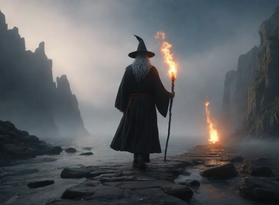 aiartstation art wizard walking stary sky flame staff hd realism water clifffs path particles fog 8k confident engaging wow 3 landscape43
