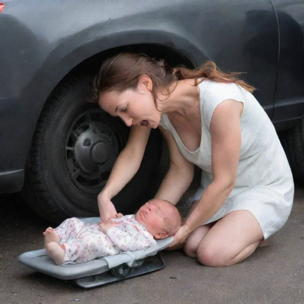 aiartstation art woman crushing newborn babys head under a pedal in a car confident engaging wow 3