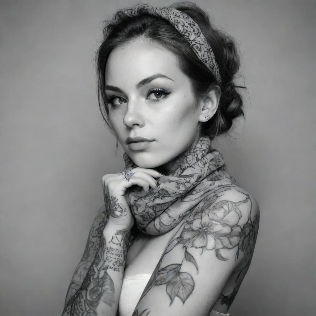 aiartstation art woman flowers scarf fine line black and white tattoos confident engaging wow 3