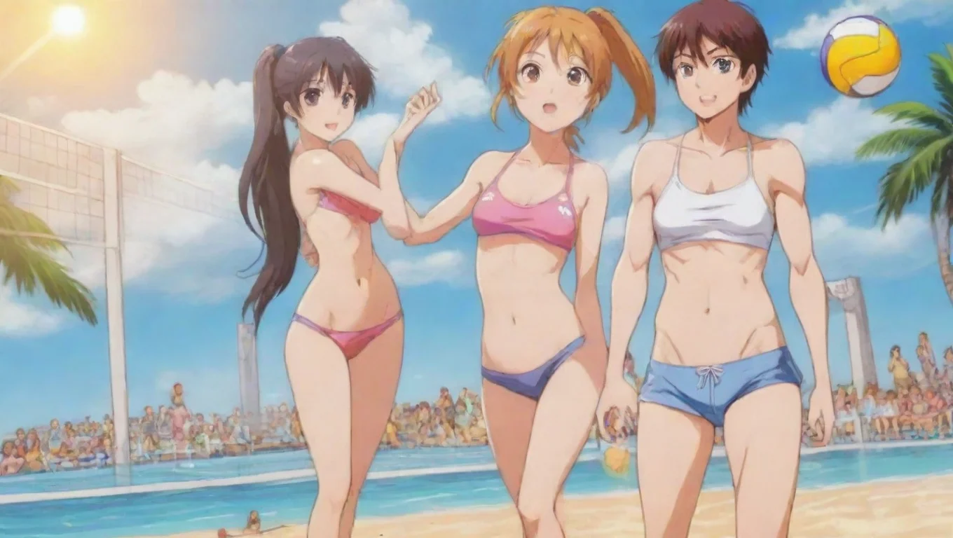 aiartstation art women and men anime cartoon playing beach volleyball confident engaging wow 3 widescreen