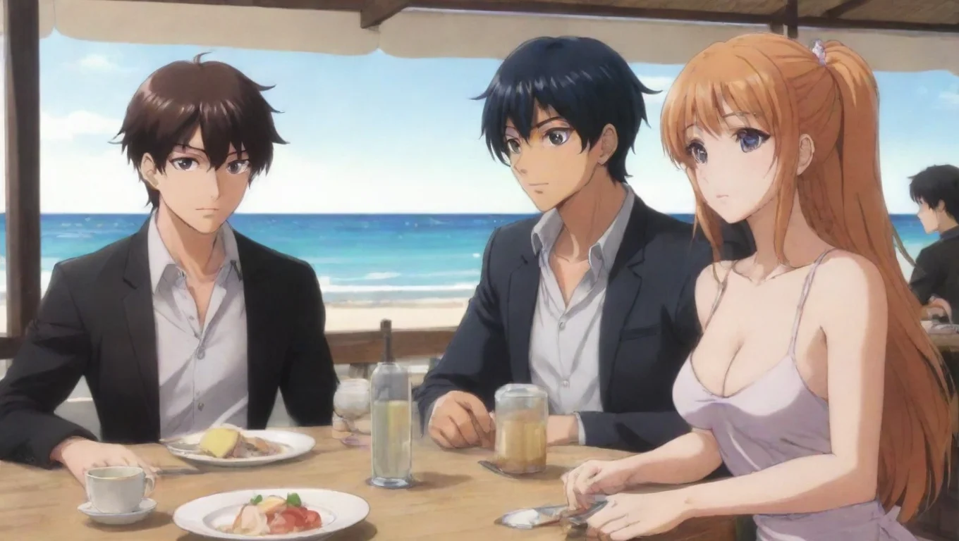 aiartstation art women and men anime in a restaurant by the beach confident engaging wow 3 widescreen