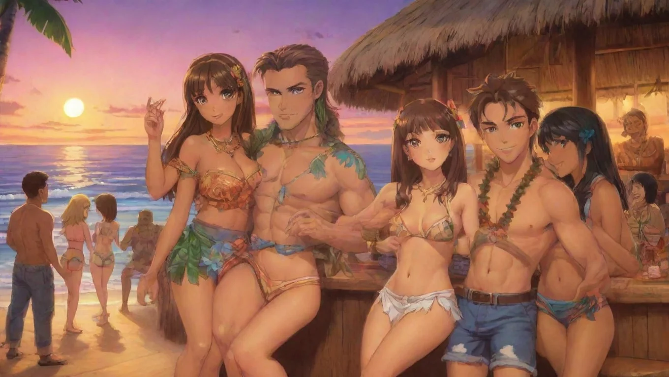 aiartstation art women and men anime in a tiki bar by the beach at sunset confident engaging wow 3 widescreen