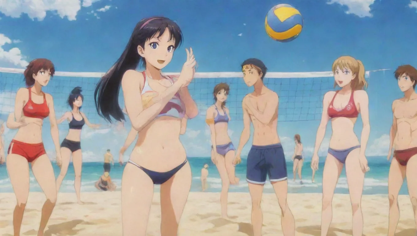 aiartstation art women and men anime playing beach volleyball confident engaging wow 3 widescreen