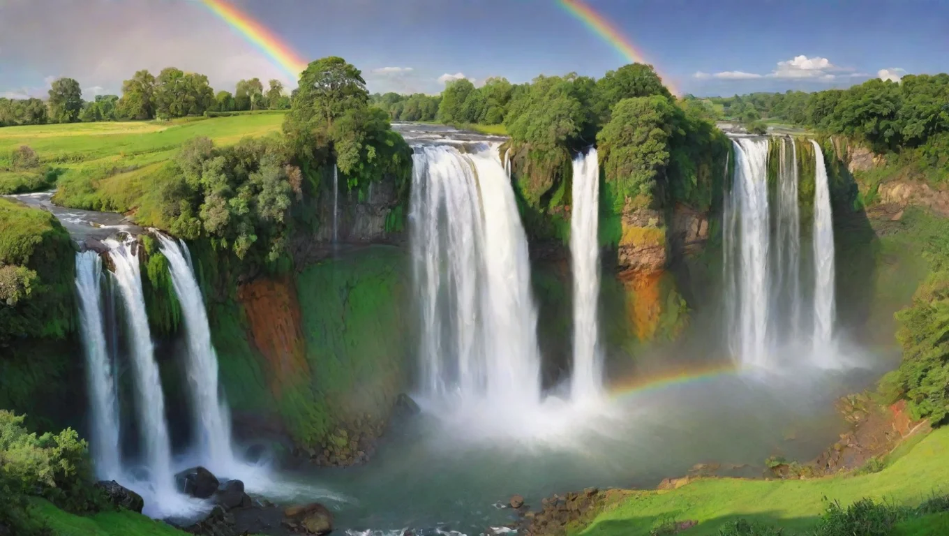 artstation art wonderful rainbow waterfalls green trees lovely utpia calm farmland hd detail confident engaging wow 3 widescreen