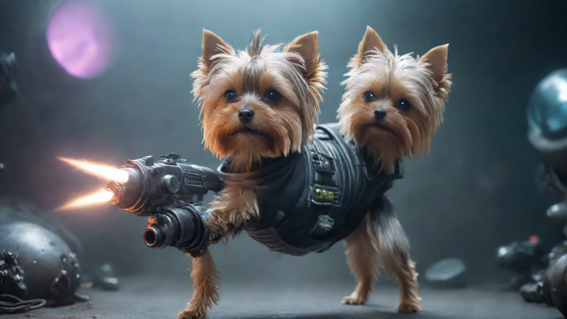 aiartstation art yorkshire terrier in a cyberpunk space suit firing at aliens confident engaging wow 3 wide