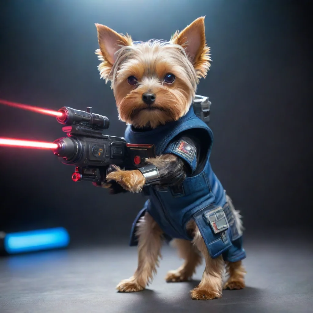 aiartstation art yorkshire terrier in a cyberpunk space suit firing laser gun confident engaging wow 3