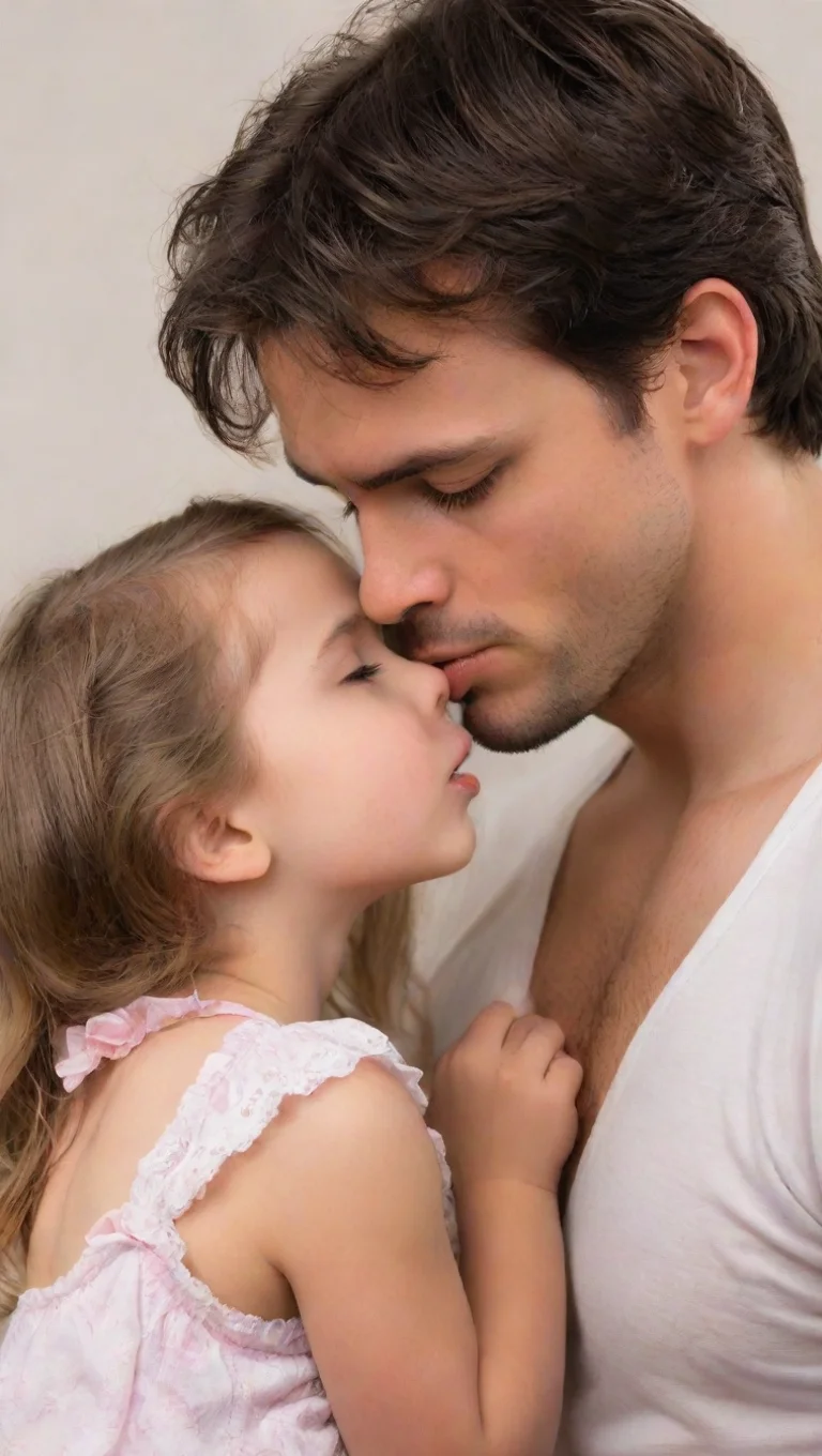 aiartstation art young adult male kisses very young little girl. he touches her chest.  confident engaging wow 3 tall