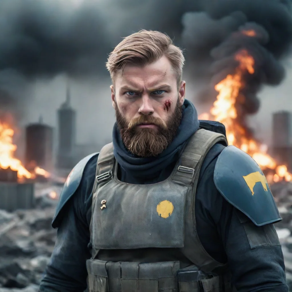 aiartstation art young angry bloody scary bearded swedish space soldier staring at viewer frontal view burning city in background confident engaging wow 3
