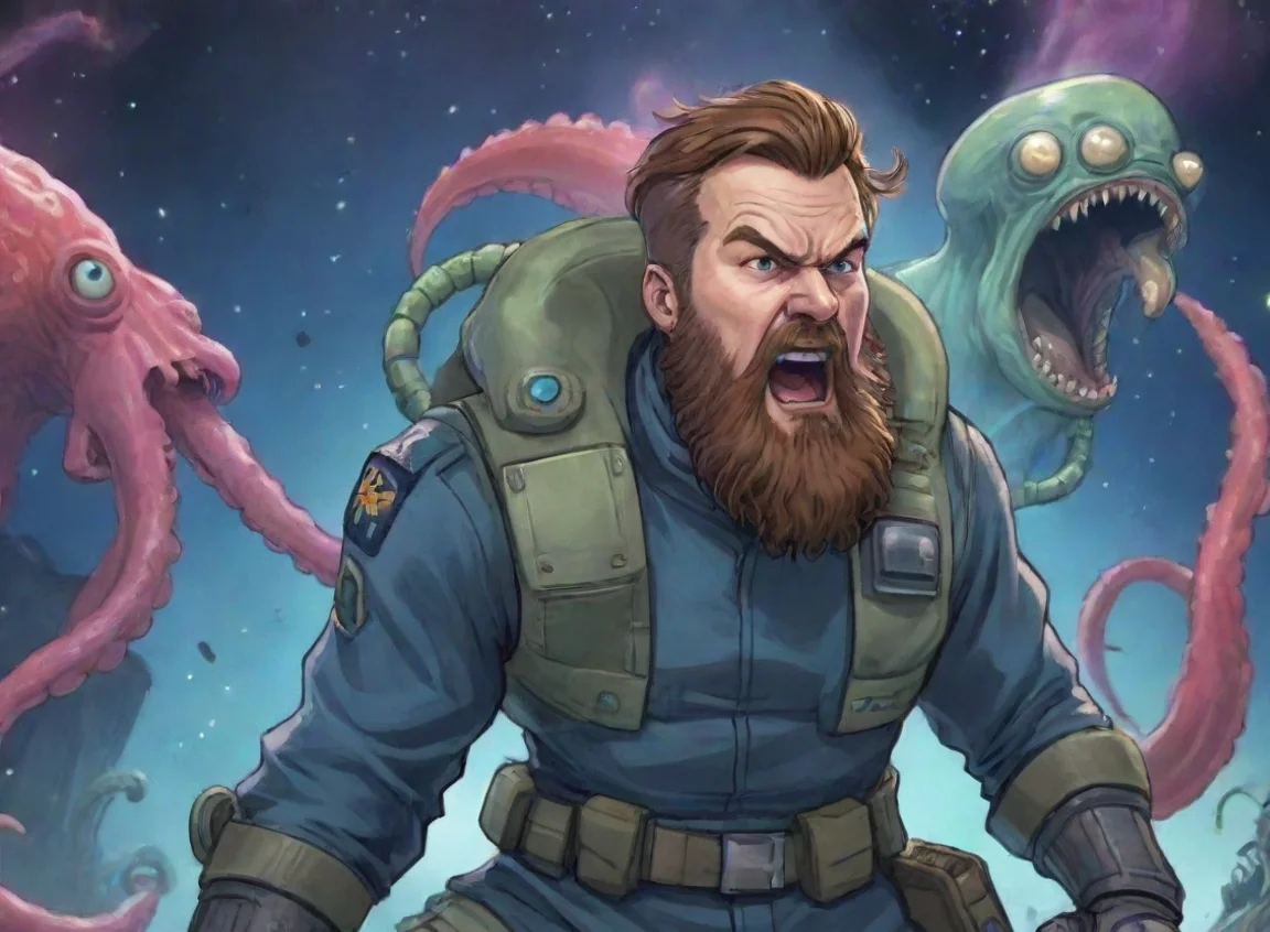 aiartstation art young bearded angry screaming swedish space soldier man fighting alien squids wars anime style cartoon confident engaging wow 3 landscape43