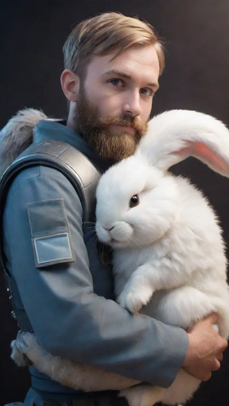 aiartstation art young bearded human swedish space soldier hugging a femenine anthropomorphic furry rabbit hd confident engaging wow 3 tall