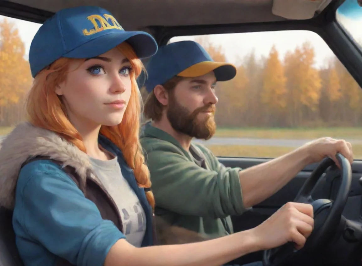 aiartstation art young bearded swedish human trucker man with baseballcap driving with anthro furry catgirl tomboy couple lovers autumn hd confident engaging wow 3 landscape43