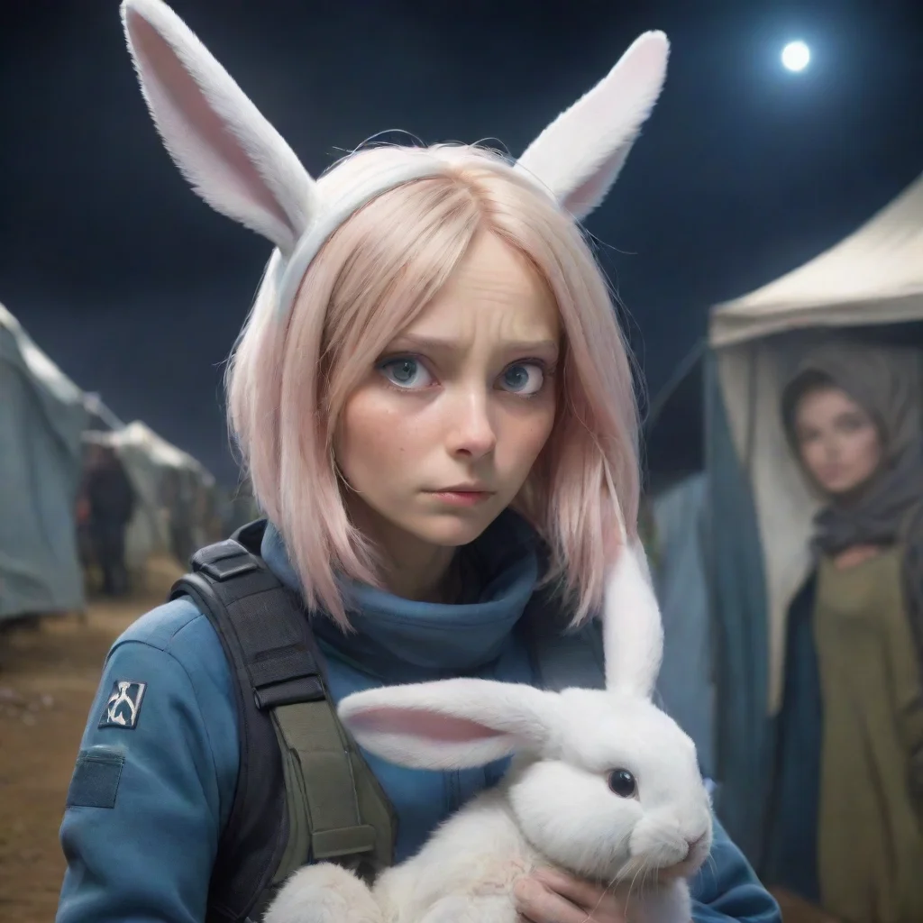 aiartstation art young bearded swedish space soldier comfort scared anthropomorphic alien rabbit woman at refugee camp anime style confident engaging wow 3