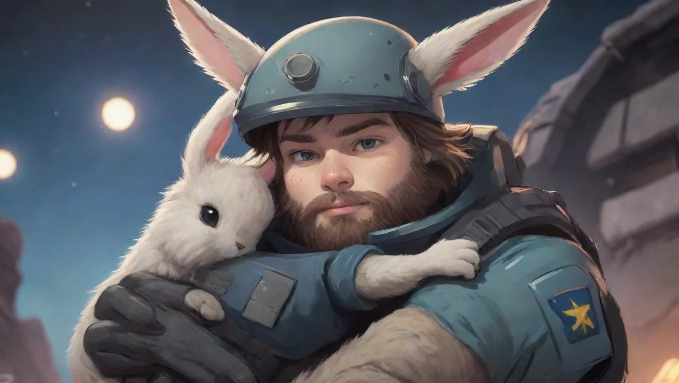 aiartstation art young bearded swedish space soldier hugging alien furry rabbit in warzone anime style cartoon confident engaging wow 3 widescreen
