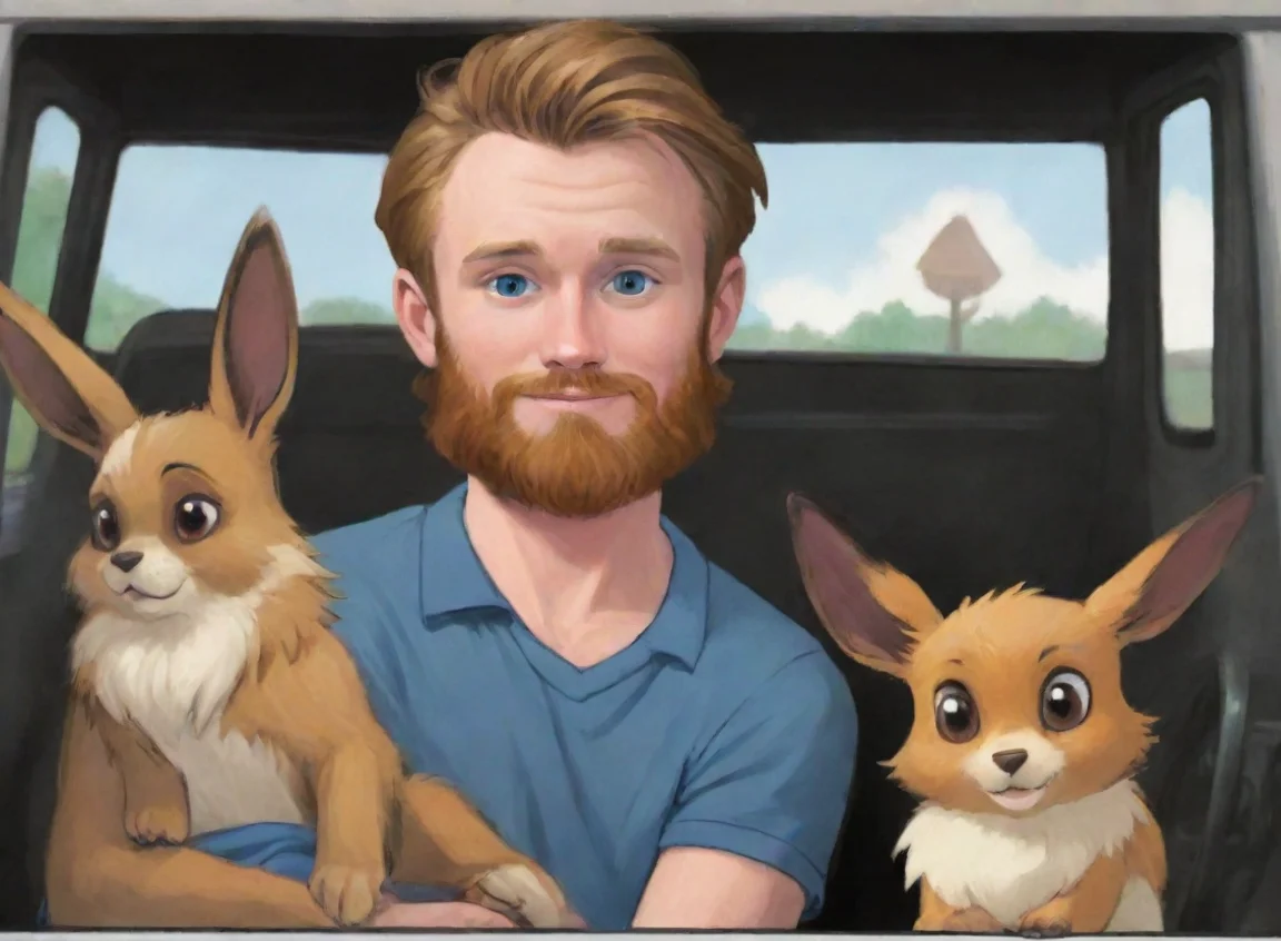 aiartstation art young bearded swedish travis grady driving hauler truck with pet eevee cartoon confident engaging wow 3 landscape43