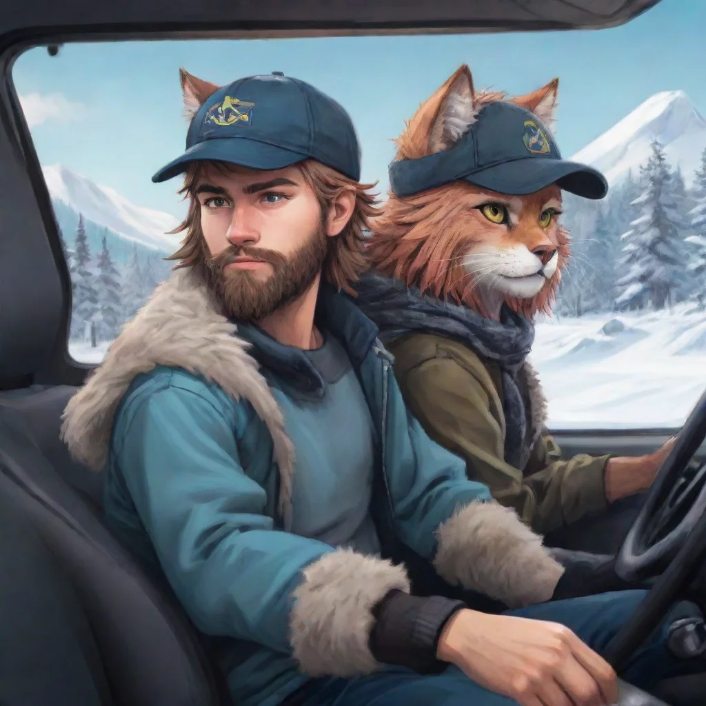 aiartstation art young bearded swedish trucker man with baseballcap driving with anthro furry punk catgirl couple lovers winterlanscape anime style confident engaging wow 3