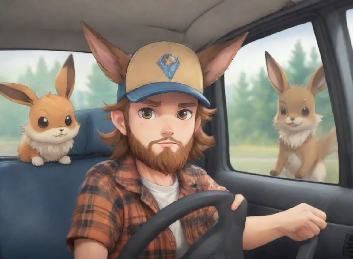 aiartstation art young bearded swedish trucker man with baseballcap flannel driving with pet eevee anime style cartoon confident engaging wow 3 landscape43