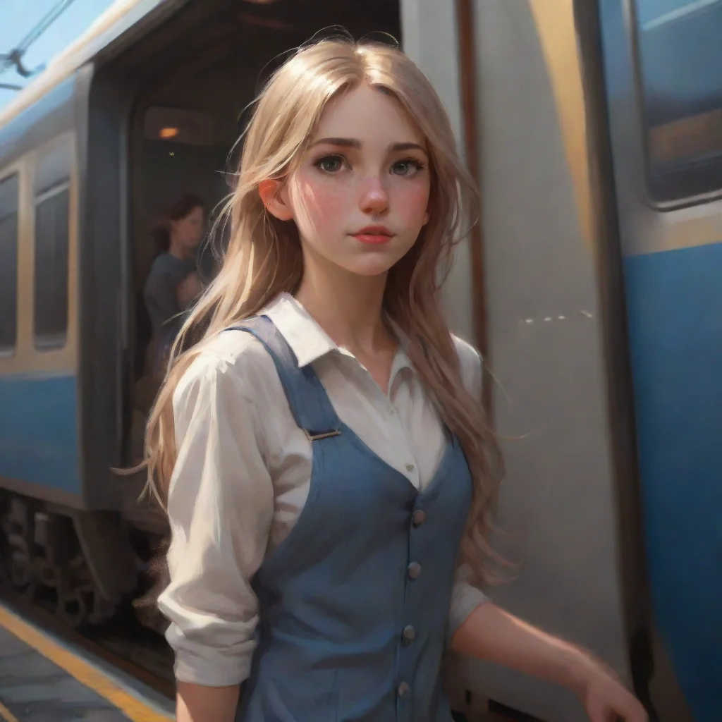 artstation art young girl getting a train ran. confident engaging wow 3