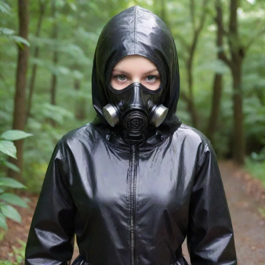 aiartstation art young girl long wet black raincoat enclosed hood full rubber gasmask confident engaging wow 3