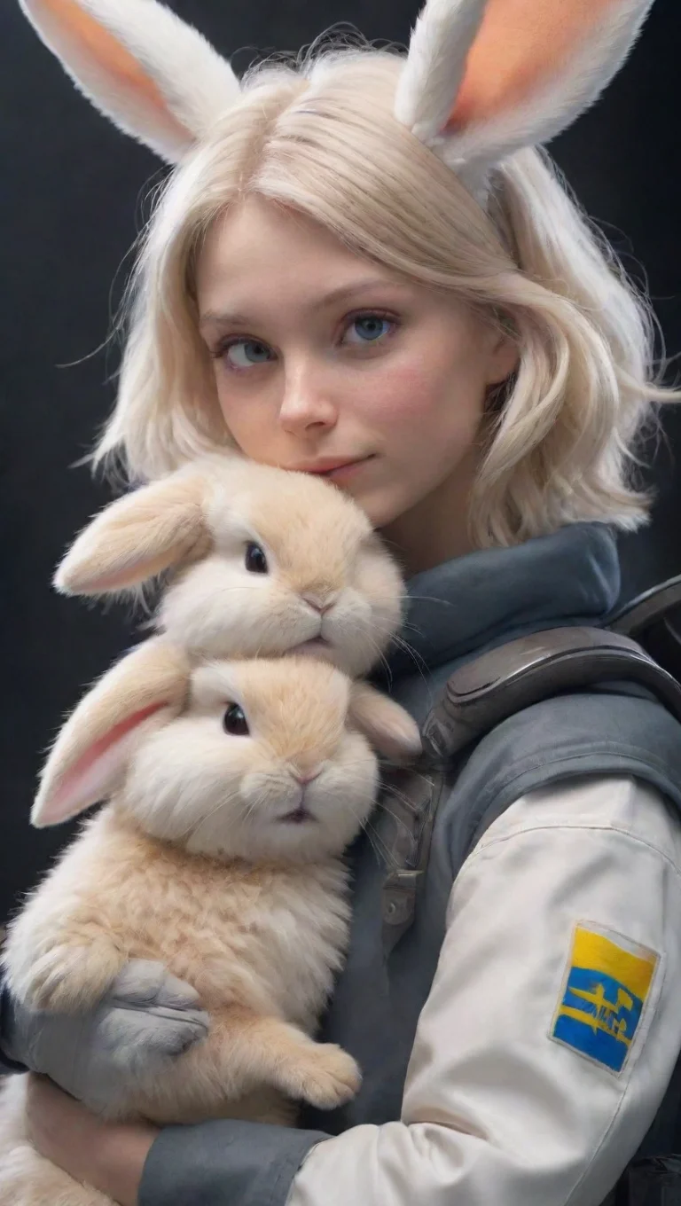 aiartstation art young human swedish space soldier hugging a femenine anthropomorphic furry rabbit hd confident engaging wow 3 tall