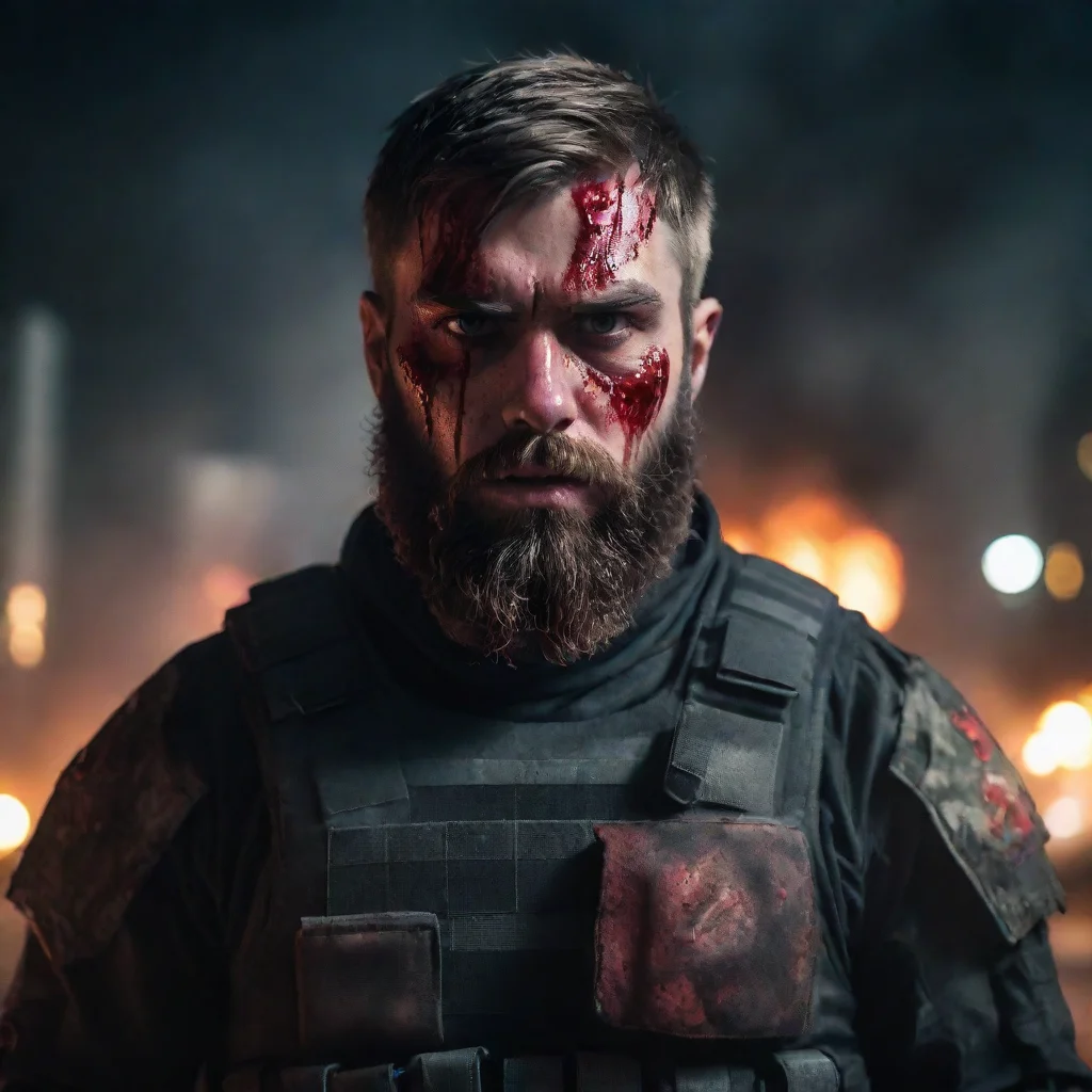 aiartstation art young scary angry swedih space soldier bearded covered in blood staring at viewer frontal view city on fire in background nighttime confident engaging wow 3