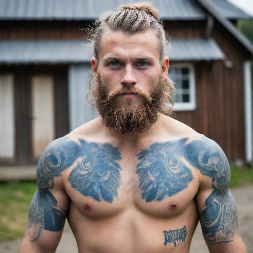 artstation art young swedish bearded man viking blue tattoos village confident engaging wow 3
