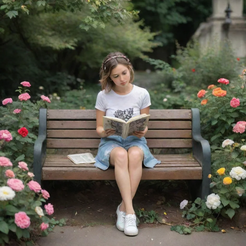 aiartstation art young woman sitting on a park bench surrounded by flowers reading a book in the style of banksy confident engaging wow 3