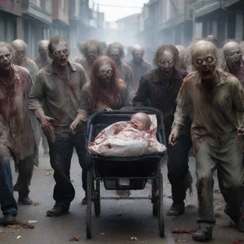 aiartstation art zombies surrounding a human newborn baby in a pram confident engaging wow 3