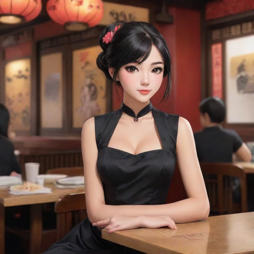 aiasian anime waitress sitting at a table in a chinese resturant. she is wearing a black chinese style dress