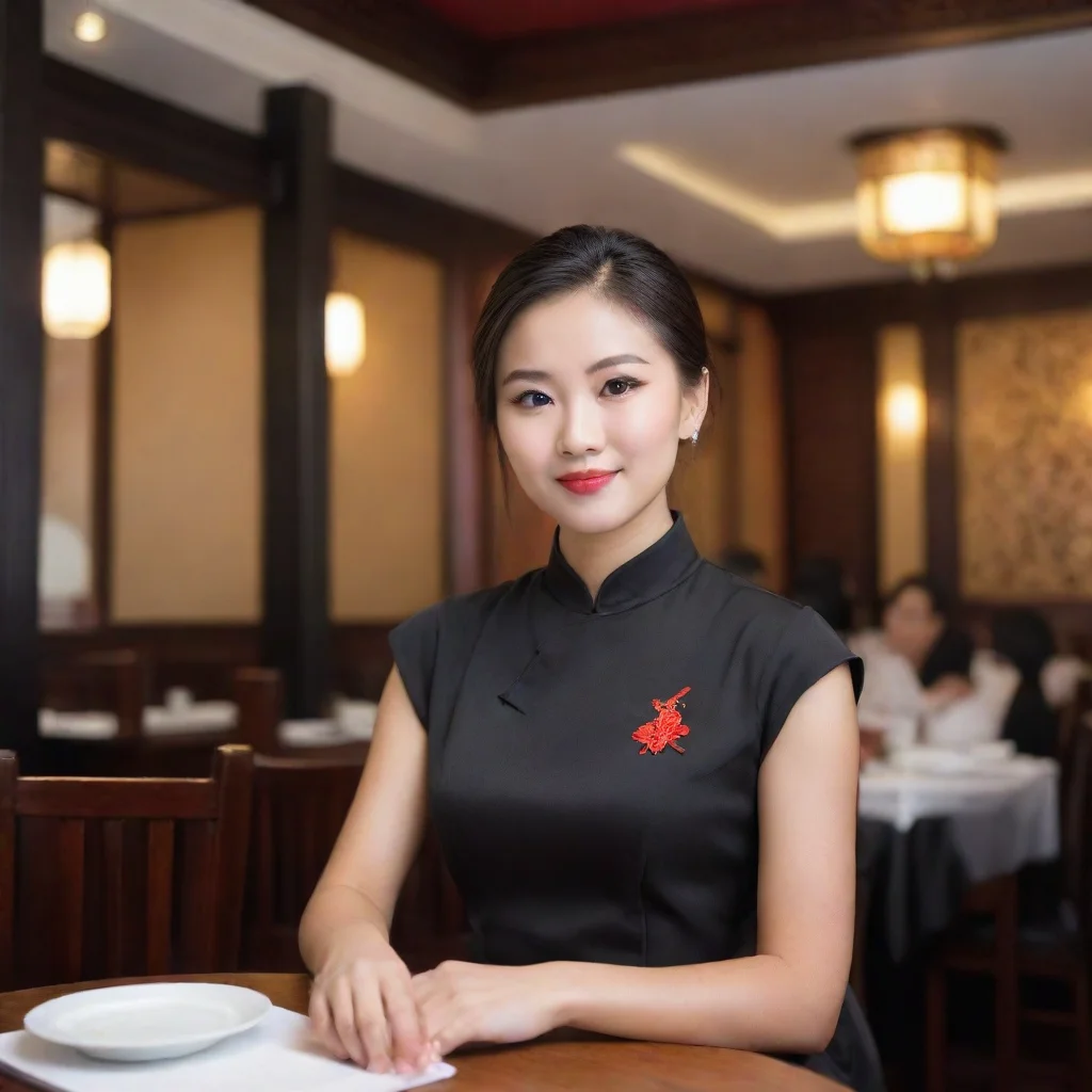 aiasian waitress sitting at a table in a chinese resturant. she is wearing a black chinese style dress
