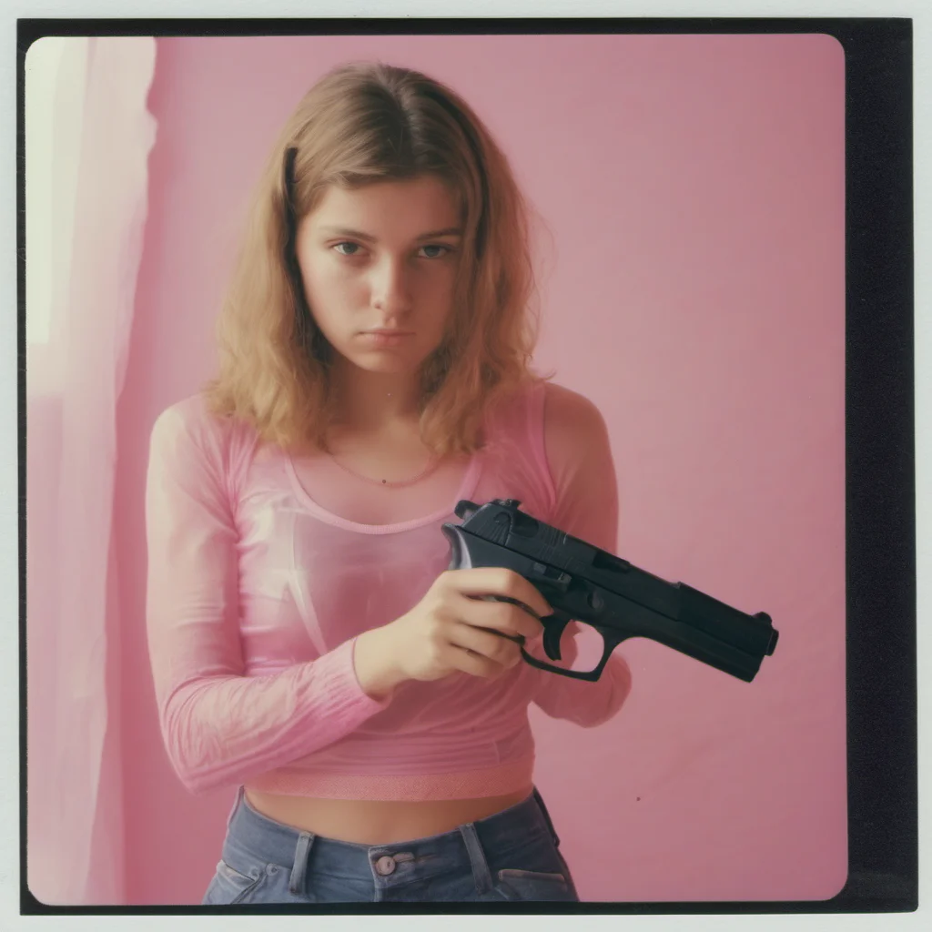 aiathletic 23 yo girl in pink see through belly top   holding a beretta gun   sad   polaroid amazing awesome portrait 2