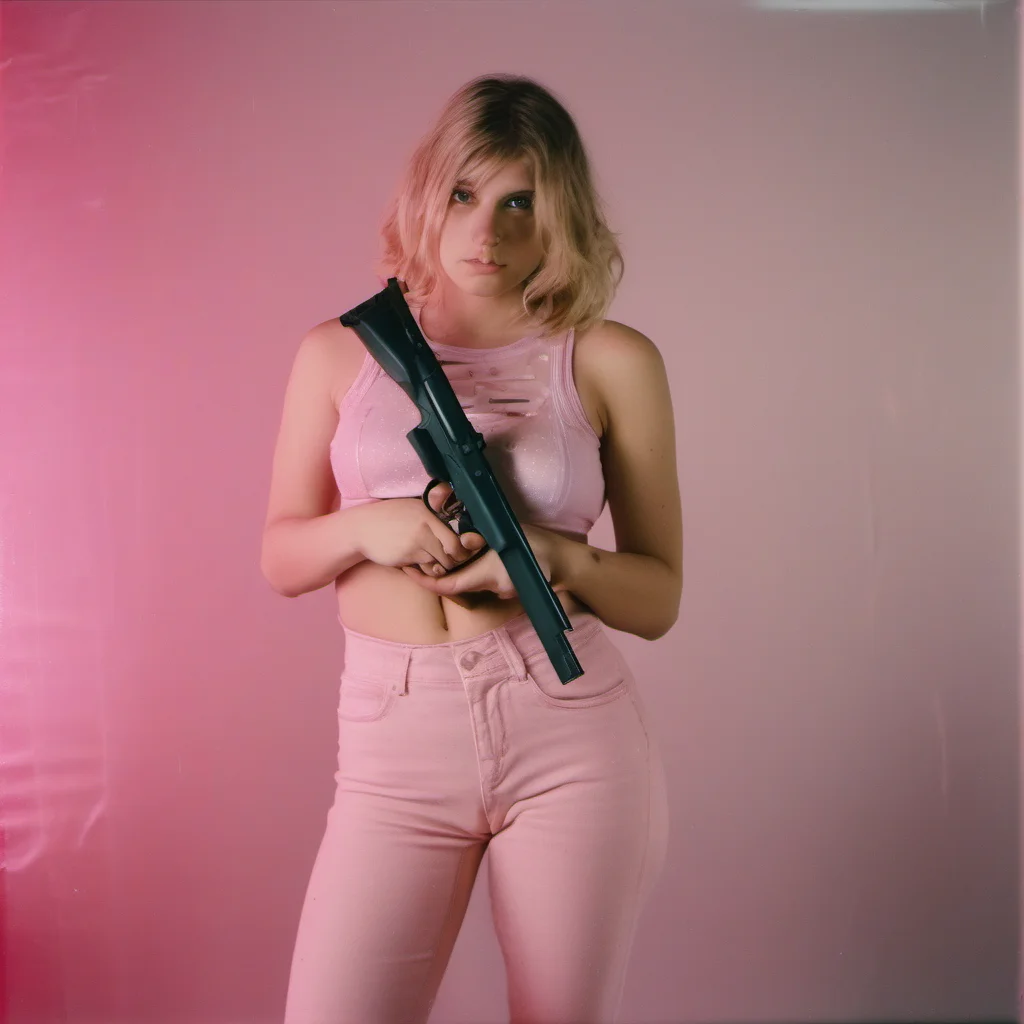 aiathletic 23 yo girl in pink see through belly top   holding a beretta gun   sad   polaroid confident engaging wow artstation art 3