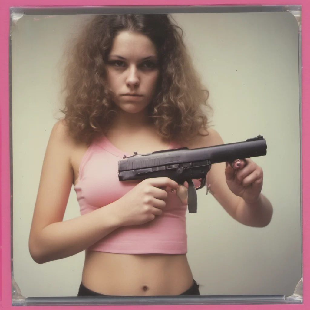 aiathletic 23 yo girl in pink see through belly top   holding a beretta gun   sad   polaroid good looking trending fantastic 1