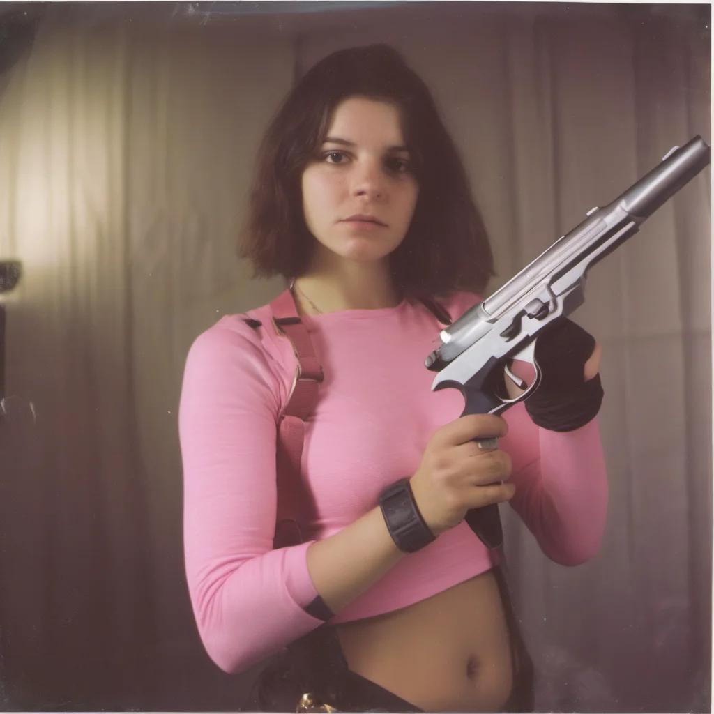 aiathletic 23 yo girl in pink see through belly top   holding a beretta gun   sad   polaroid