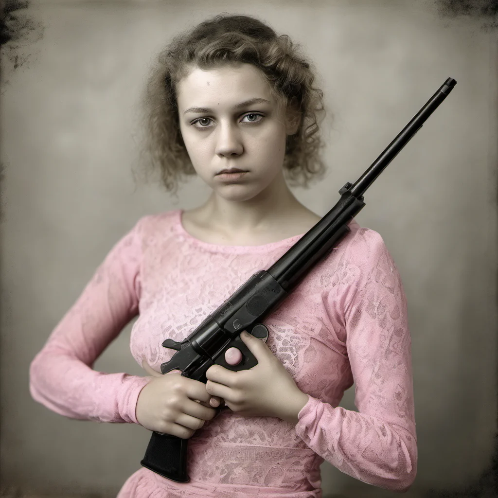 aiathletic 23 yo girl in pink see through belly top   holding a beretta gun   sad   wetplate amazing awesome portrait 2