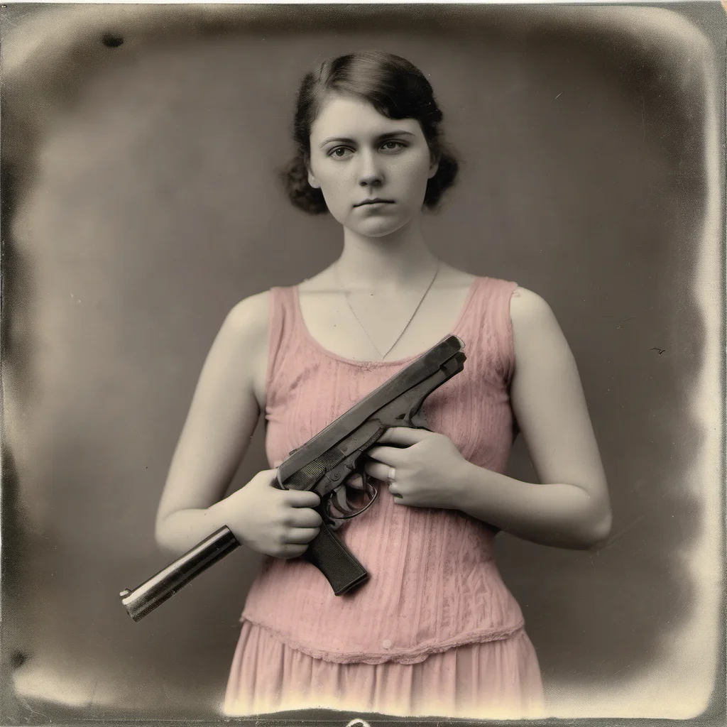 aiathletic 23 yo girl in pink see through belly top   holding a beretta gun   sad   wetplate confident engaging wow artstation art 3
