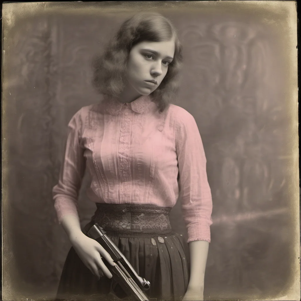 aiathletic 23 yo girl in pink see through belly top   holding a beretta gun   sad   wetplate good looking trending fantastic 1