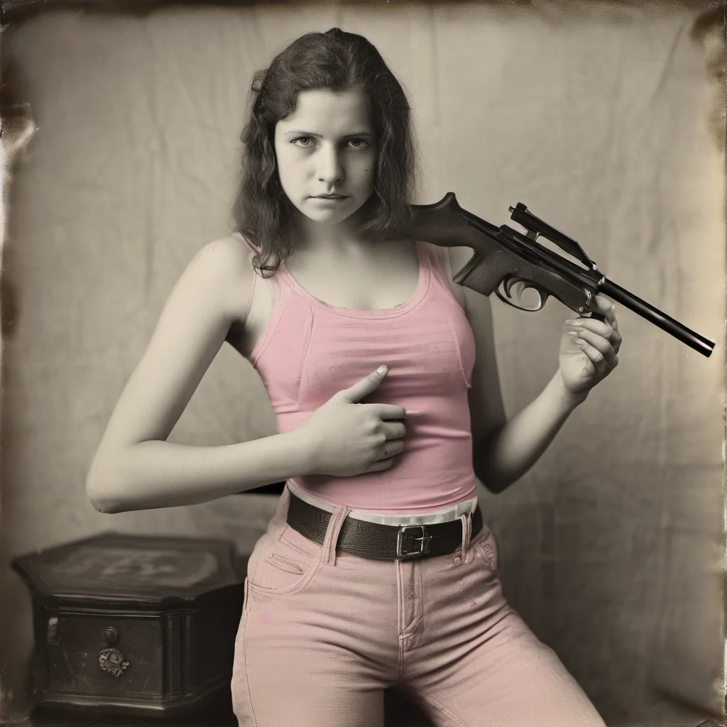 aiathletic 23 yo girl in pink see through belly top   holding a beretta gun   sad   wetplate