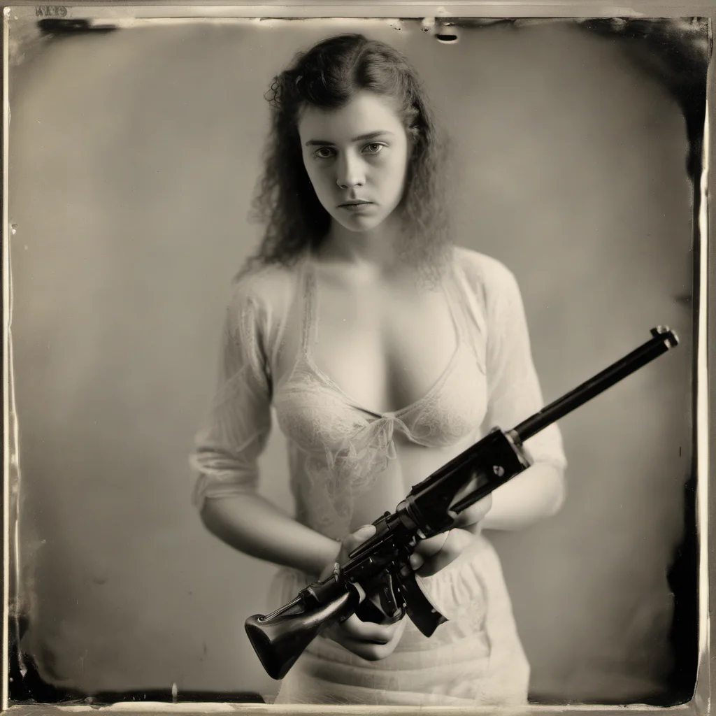aiathletic 23 yo girl in transparent white bra   holding a beretta gun   sad   wetplate amazing awesome portrait 2