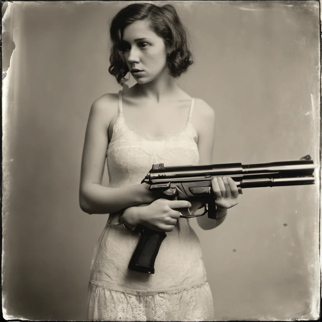 aiathletic 23 yo girl in transparent white bra   holding a beretta gun   sad   wetplate good looking trending fantastic 1